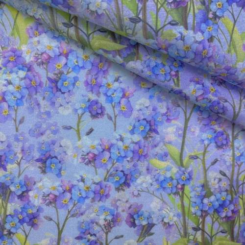 Ткань Муслин голубого цвета  с принтом цветы незабудки  16736