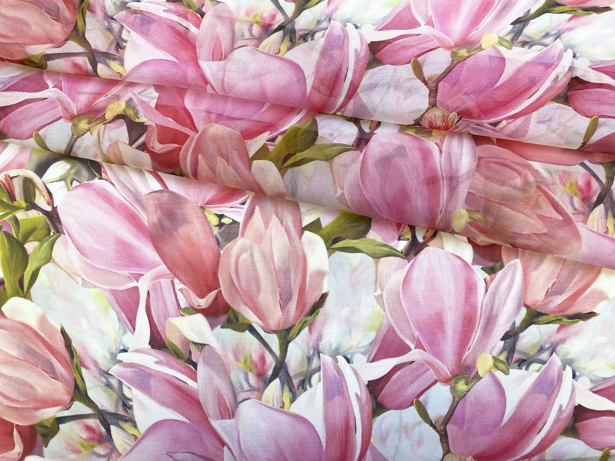Ткань Шифон белого цвета с принтом розовые тюльпаны 46059 1