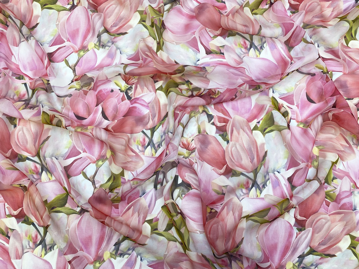 Ткань Шифон белого цвета с принтом розовые тюльпаны 46059 2