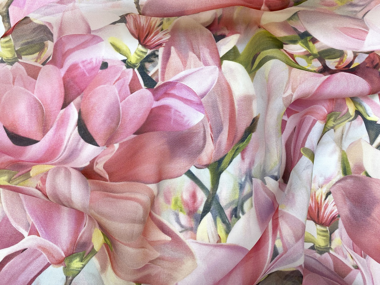 Ткань Шифон белого цвета с принтом розовые тюльпаны 46059 3