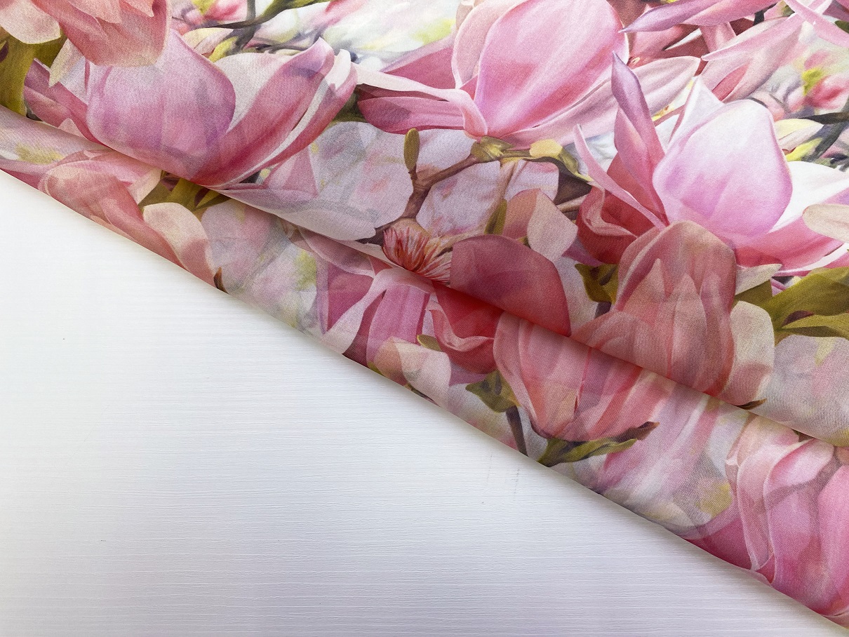 Ткань Шифон белого цвета с принтом розовые тюльпаны 46059 4