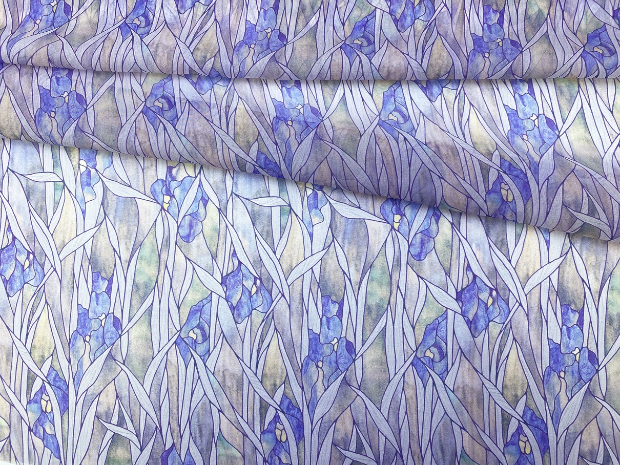 Ткань Шифон светло-серого цвета с принтом  голубые ирисы 24030 1