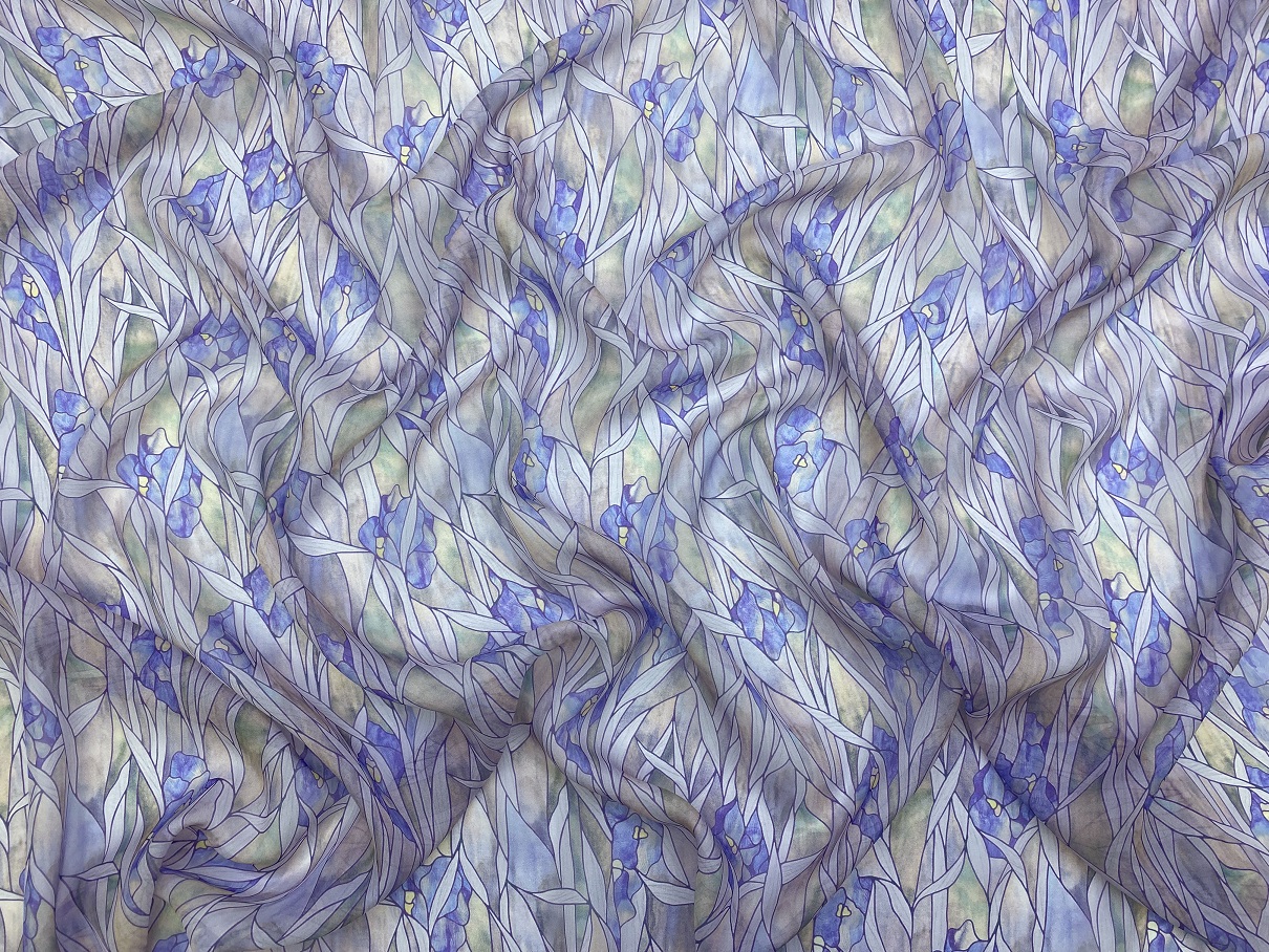 Ткань Шифон светло-серого цвета с принтом  голубые ирисы 24030 2