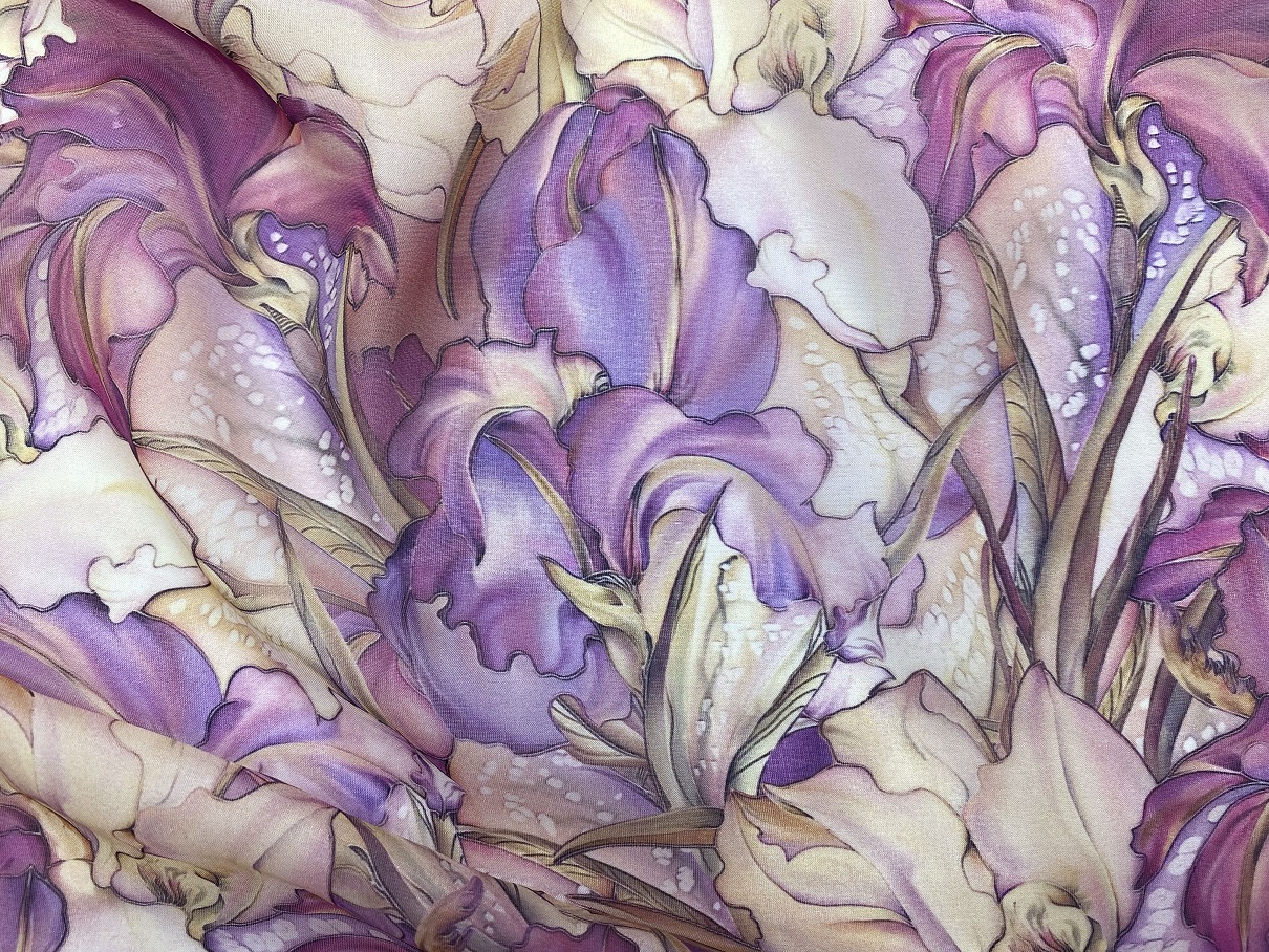 Ткань Шифон сиренево-розового цвета с принтом ирисы 24045 3