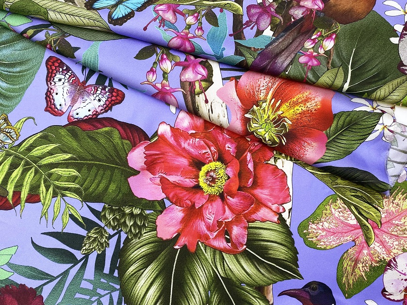 Ткань Саржевый Шёлк  лавандовый с принтом тропические цветы, попугаи  46209 1
