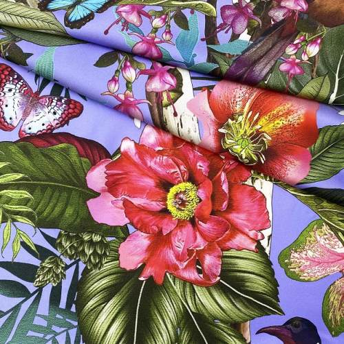 Ткань Саржевый Шёлк  лавандовый с принтом тропические цветы, попугаи  46209