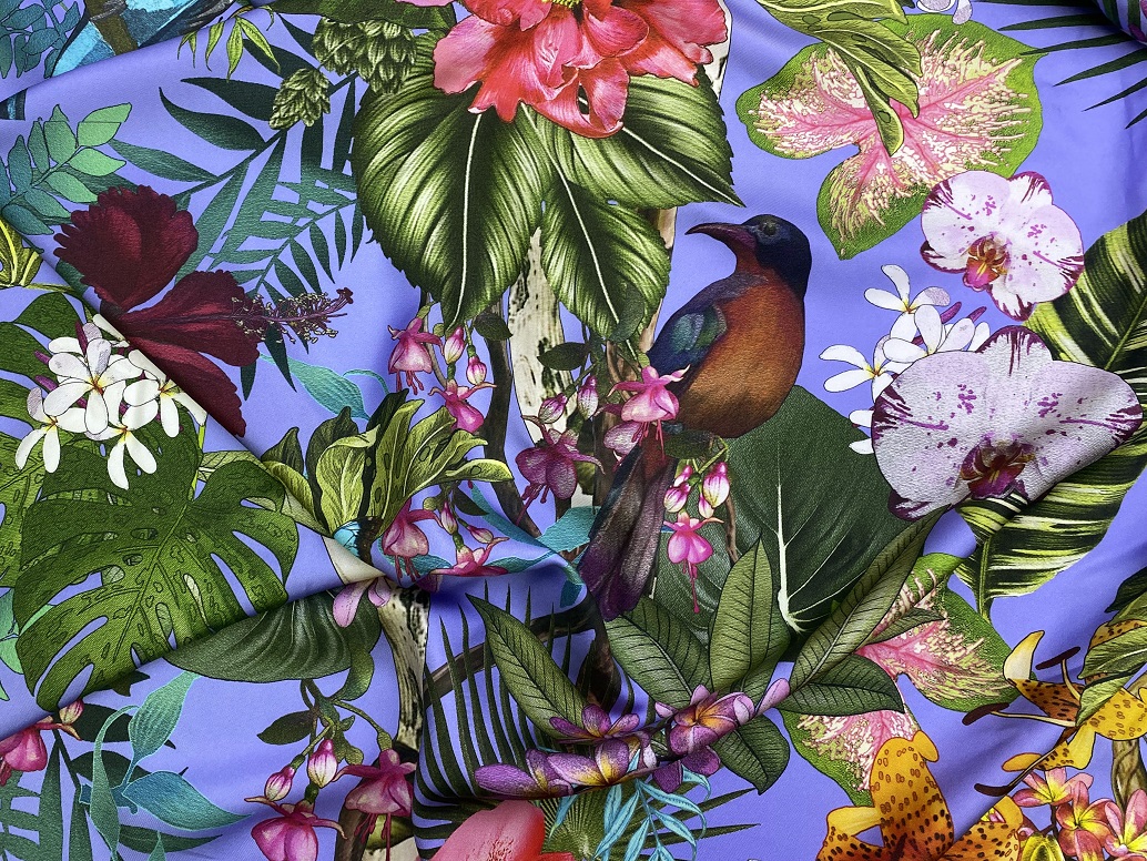 Ткань Саржевый Шёлк  лавандовый с принтом тропические цветы, попугаи  46209 2