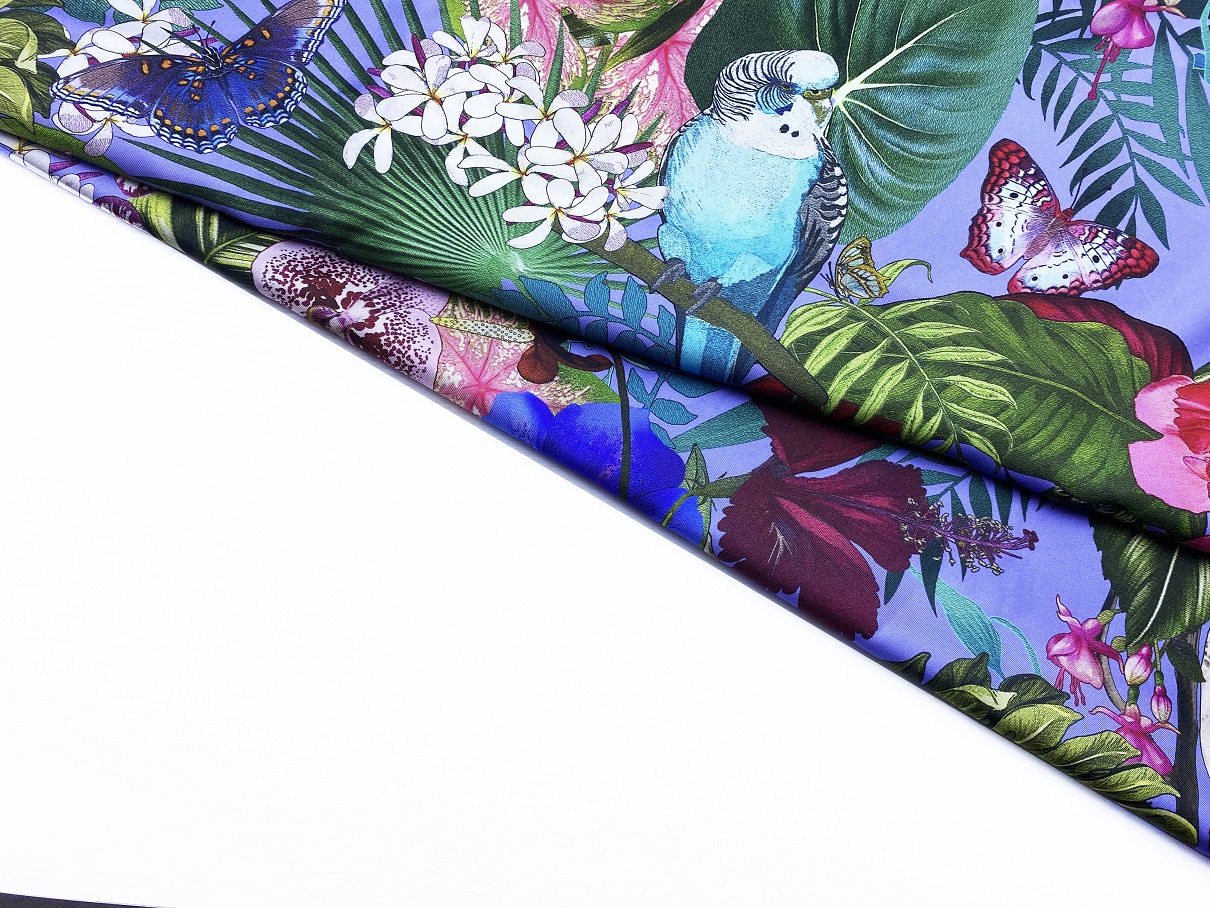 Ткань Саржевый Шёлк  лавандовый с принтом тропические цветы, попугаи  46209 4