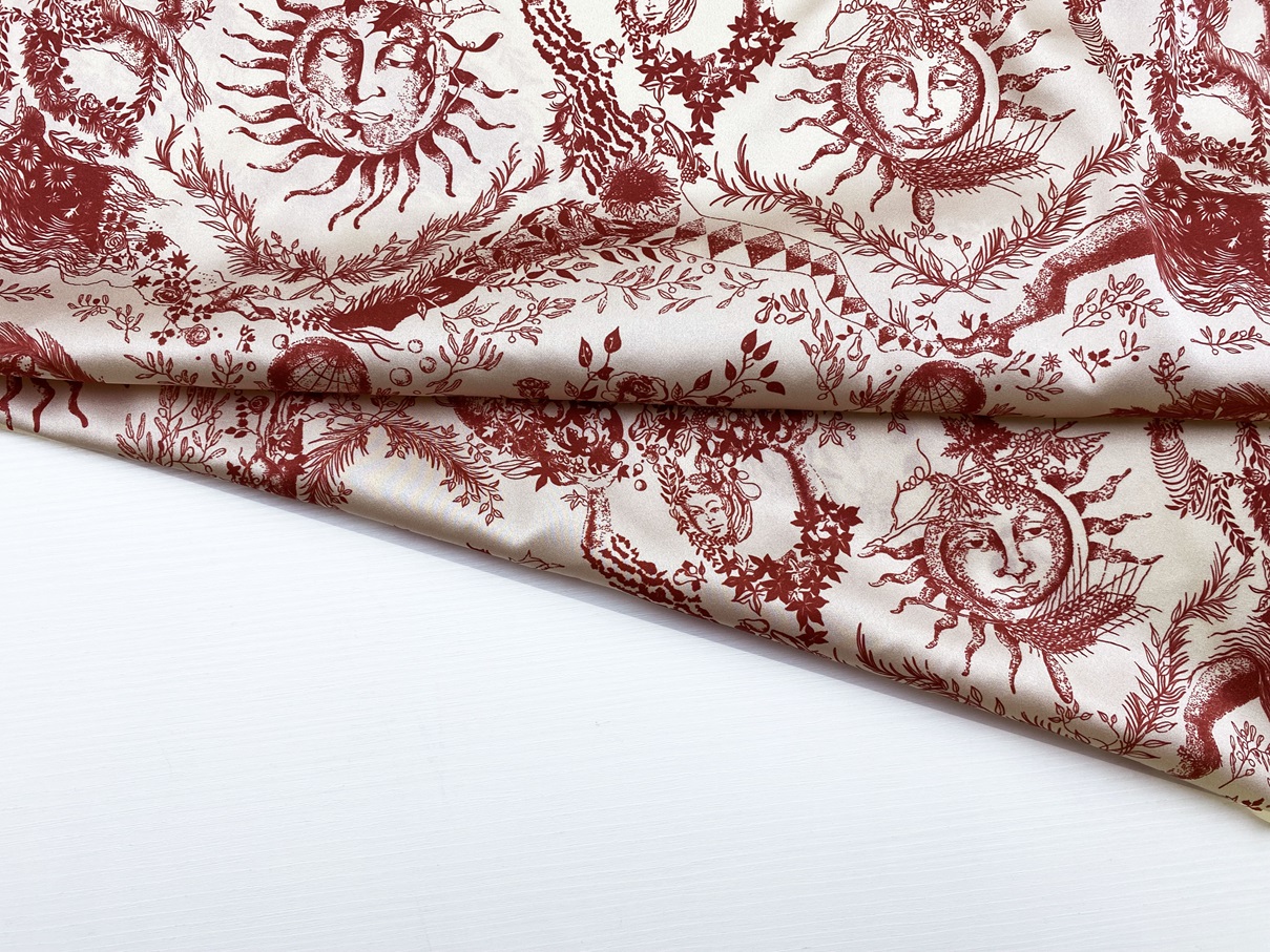 Ткань Атласный Шёлк бежевого цвета с принтом  красное солнце  46437 4