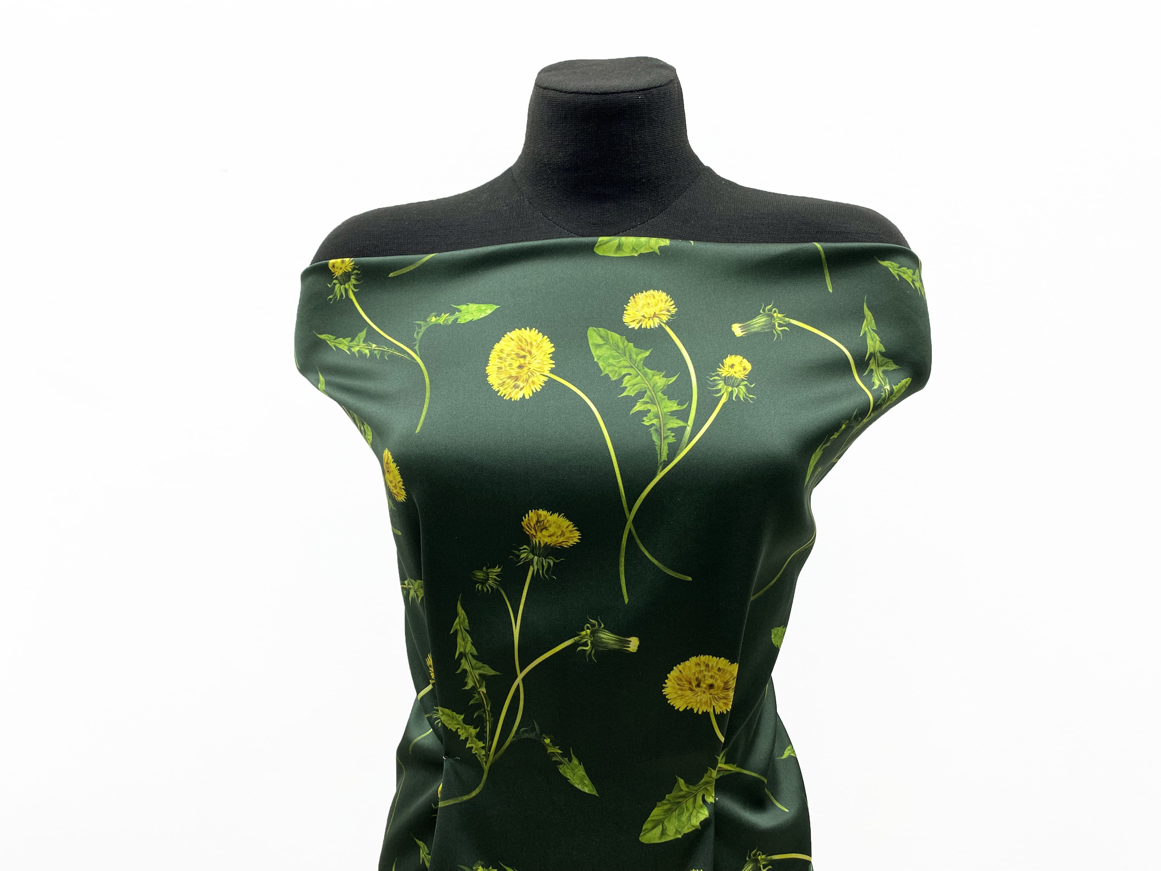 Ткань Атласный Шёлк зелёного цвета с принтом  жёлтые одуванчики  46438 5