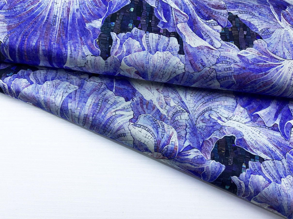 Ткань Атласный Шёлк синего цвета с принтом  цветы, мозаика  46431 4