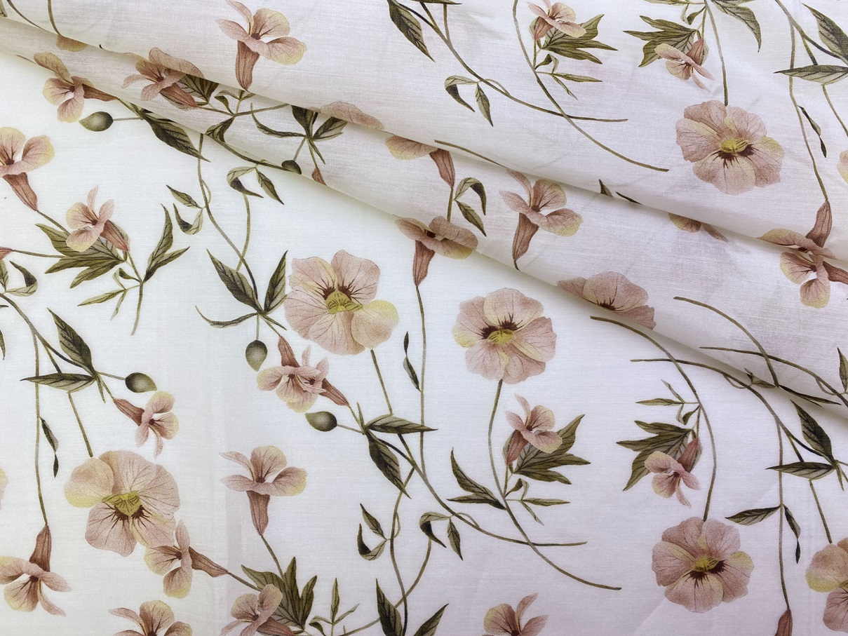Ткань Муслин  белого цвета с принтом  пудровые цветы 16743 1