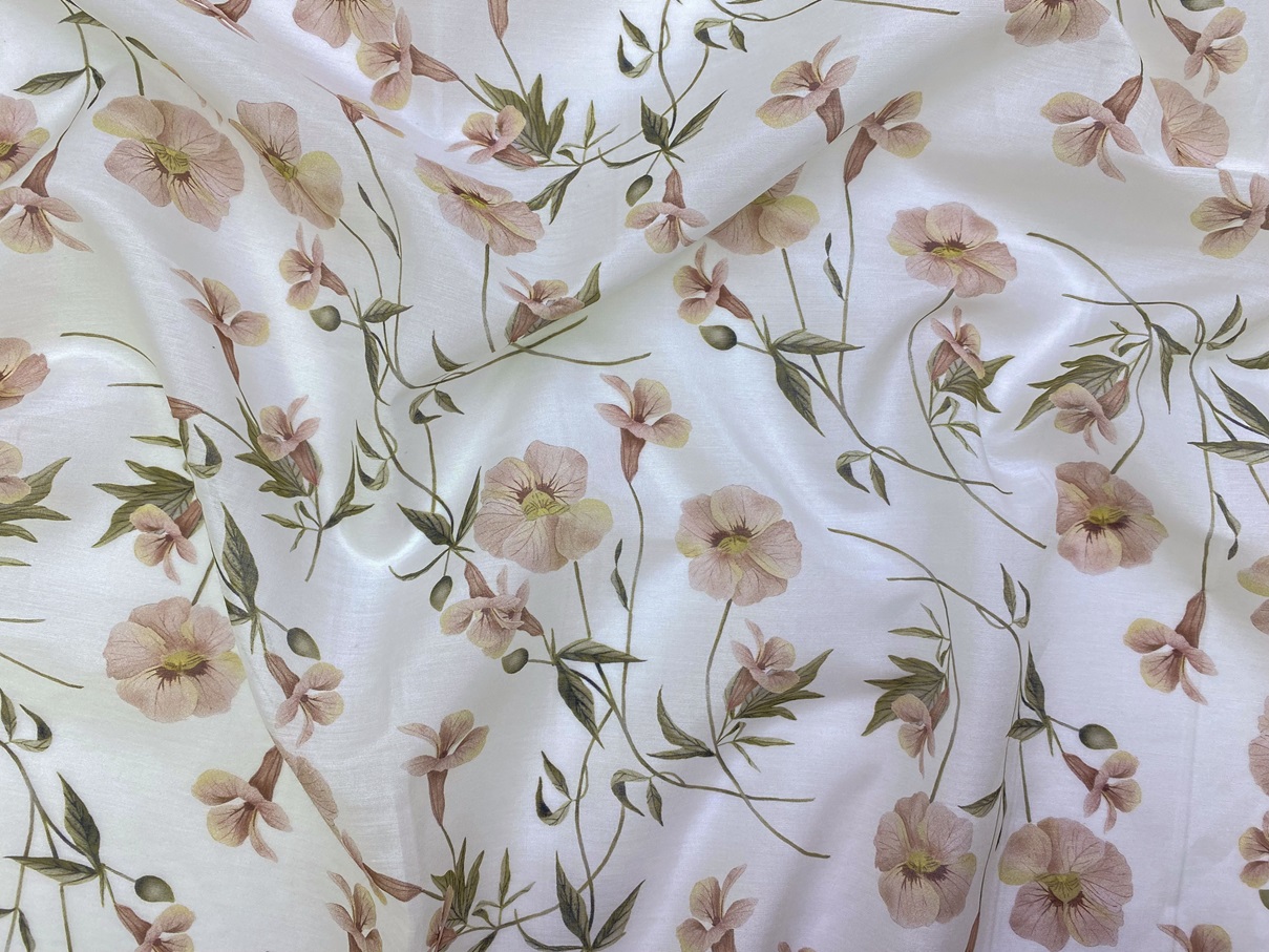 Ткань Муслин  белого цвета с принтом  пудровые цветы 16743 2