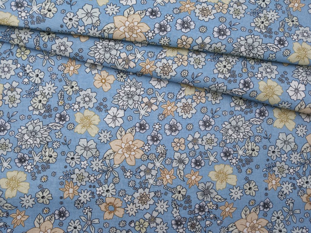 Ткань Лён голубой сливочные цветы 1
