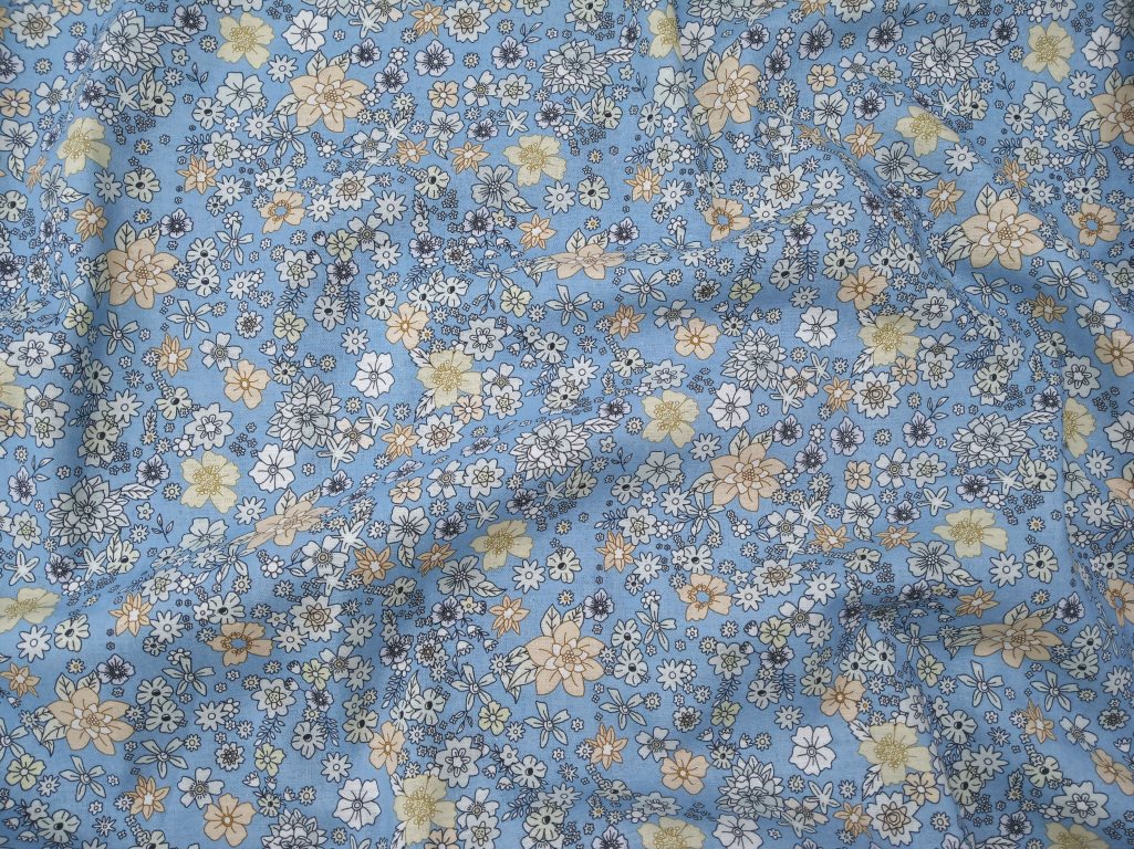 Ткань Лён голубой сливочные цветы 2