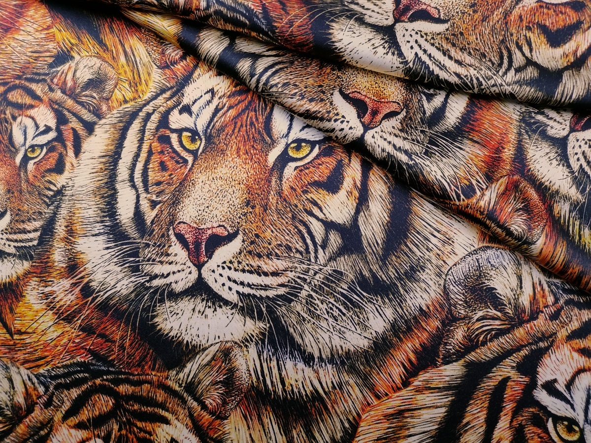 Ткань шелк рыжий голова тигра 1