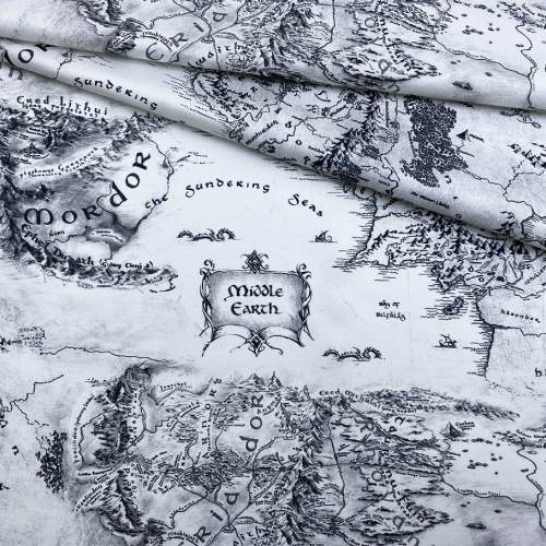Ткань Твиловый Шёлк серый с принтом карты мир Толкина 46421