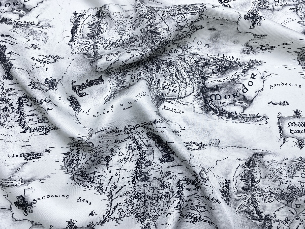 Ткань Твиловый Шёлк серый с принтом карты мир Толкина 46421 2