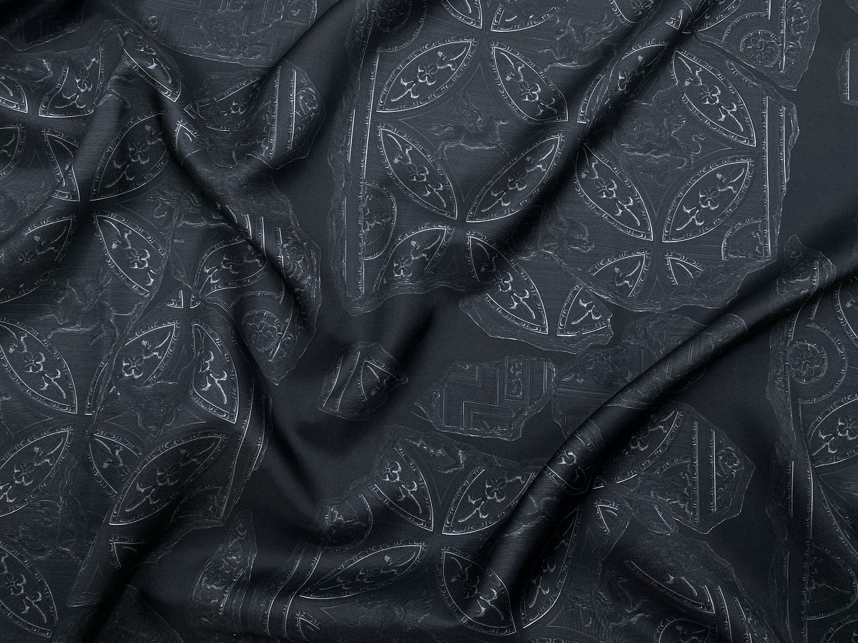 Ткань Твиловый Шёлк черный с принтом орнамент 46429 2