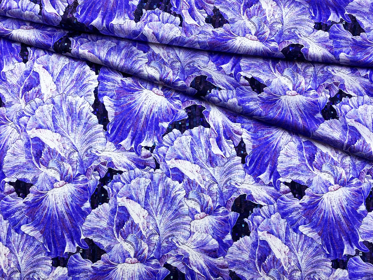 Ткань Атласный Шёлк синего цвета с принтом  цветы, мозаика  46431 1