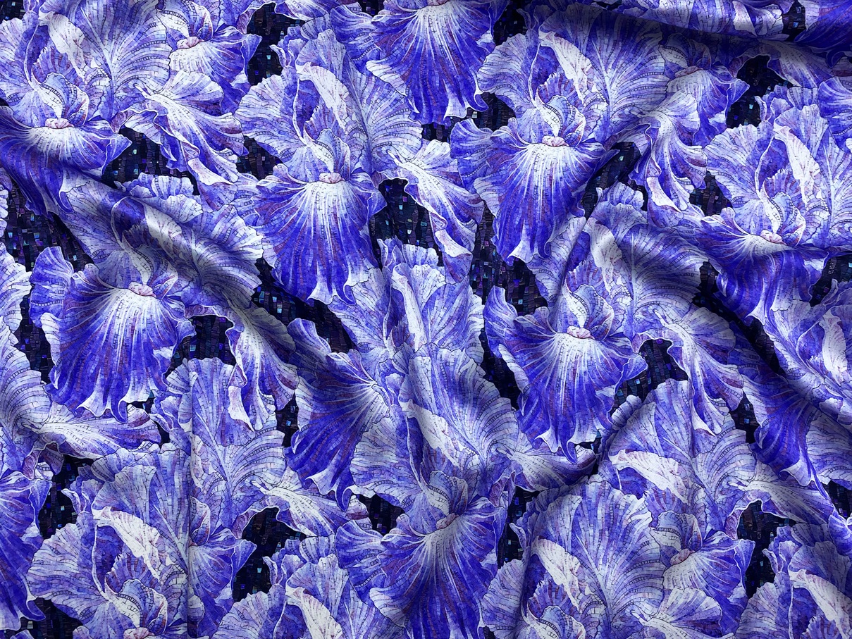 Ткань Атласный Шёлк синего цвета с принтом  цветы, мозаика  46431 2