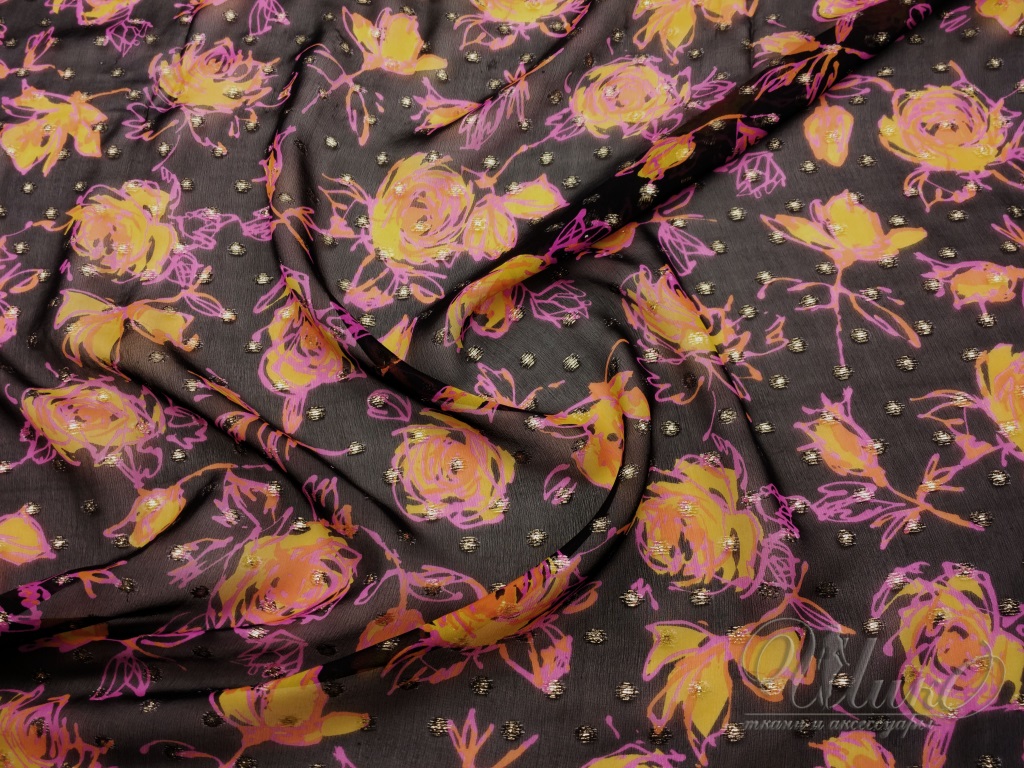 Ткань Шёлк чёрный с розово-жёлтыми цветами 1