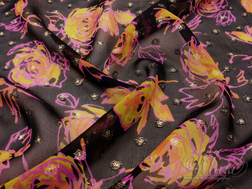 Ткань Шёлк чёрный с розово-жёлтыми цветами 2