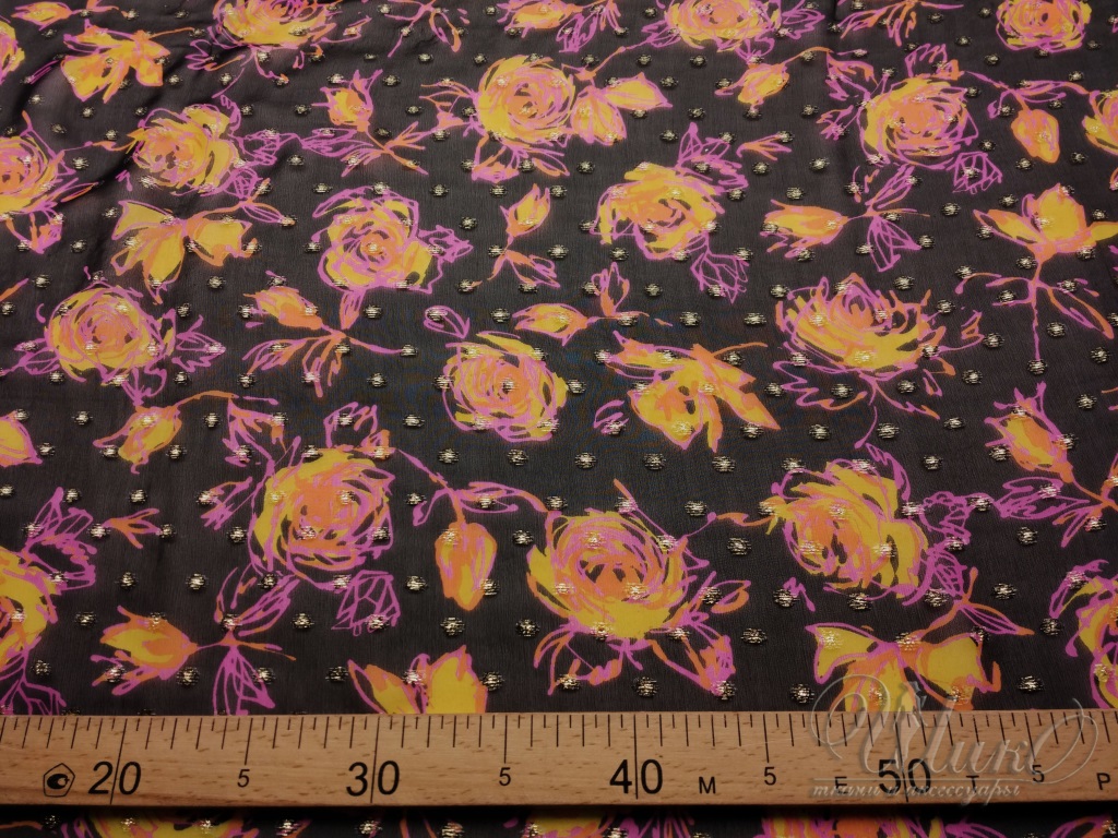 Ткань Шёлк чёрный с розово-жёлтыми цветами 3
