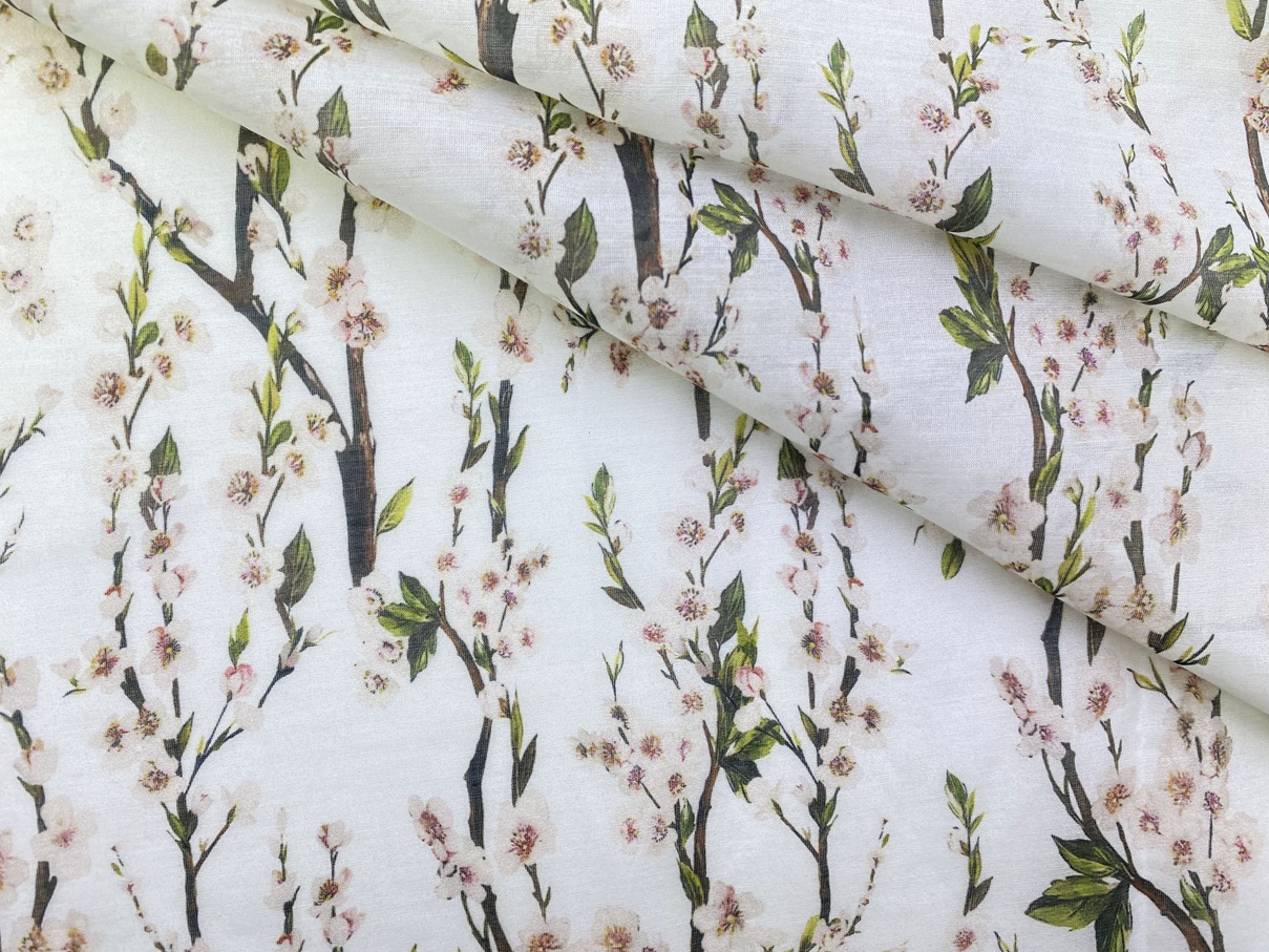 Ткань Муслин белого цвета с принтом  яблоневые  цветы 16737 1