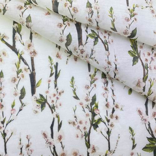 Ткань Ткань муслин белого цвета с принтом  яблоневые  цветы 16737