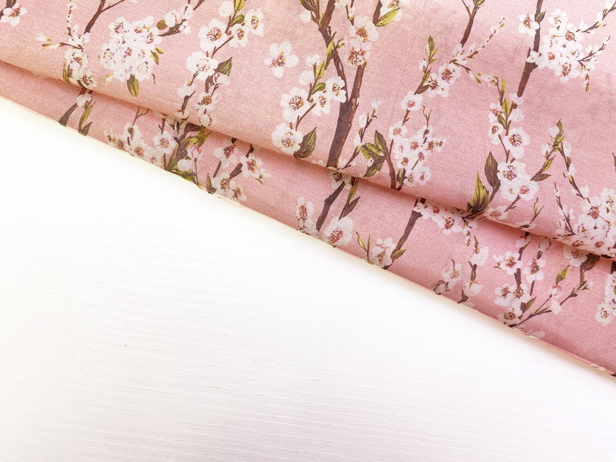 Ткань Муслин розового цвета с принтом яблоневые цветы  16738 4
