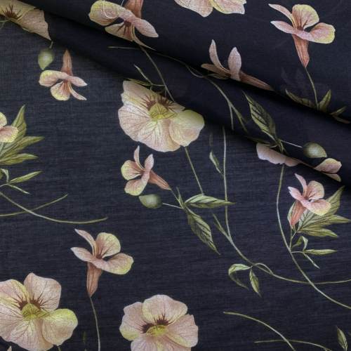 Ткань Ткань муслин  чёрного цвета с принтом  персиковые цветы  16741