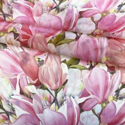 Ткань Шифон белого цвета с принтом розовые тюльпаны 46059