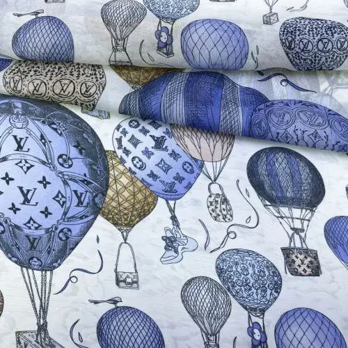 Ткань Шифон  светло-серого цвета с принтом  голубые воздушные  шары24035