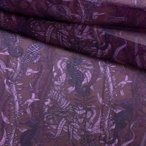 Ткань Шифон бордового цвета с принтом  морской конёк 24100