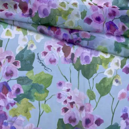 Ткань Шифон   мятного цвета с принтом  сиреневые акварельные  цветы 24102