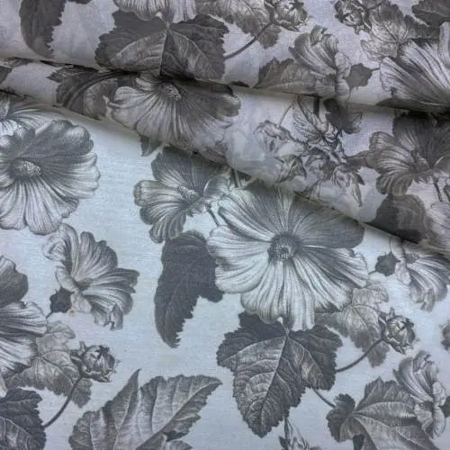 Ткань Шифон серо-бежевого цвета с принтом  цветы 24091