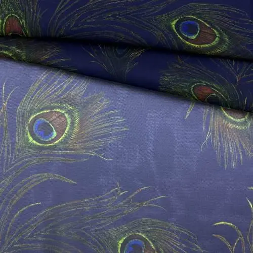 Ткань Шифон синего цвета с принтом  павлиньи перья  24090