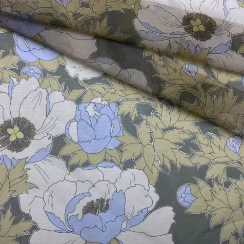 Ткань Шифон цвета хаки с принтом бежево-серые цветы 24105
