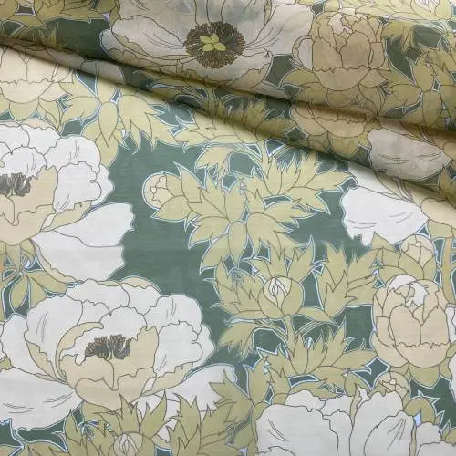 Ткань Шифон цвета хаки с принтом  бежевые цветы  24107