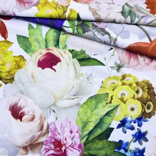 Ткань Трикотаж  белого цвета с принтом  разноцветные крупные цветы 38074