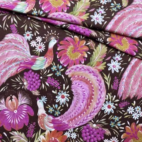 Ткань Трикотаж  коричневого цвета с принтом  розовые жар-птицы  38059