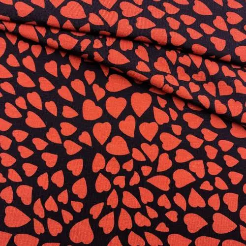 Ткань Трикотаж  черного цвета с принтом  красные сердца 38069