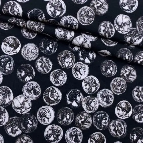 Ткань Трикотаж черного цвета с принтом монеты 38073