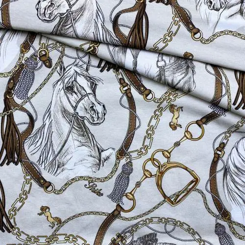 Ткань Трикотаж  бежевого цвета с принтом лошади 38080