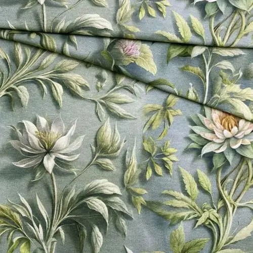 Ткань Трикотаж  зелёного цвета с принтом цветок лотоса  38097