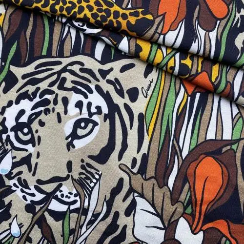Ткань Трикотаж чёрного цвета с принтом  тигры , коричневые тропики 38098