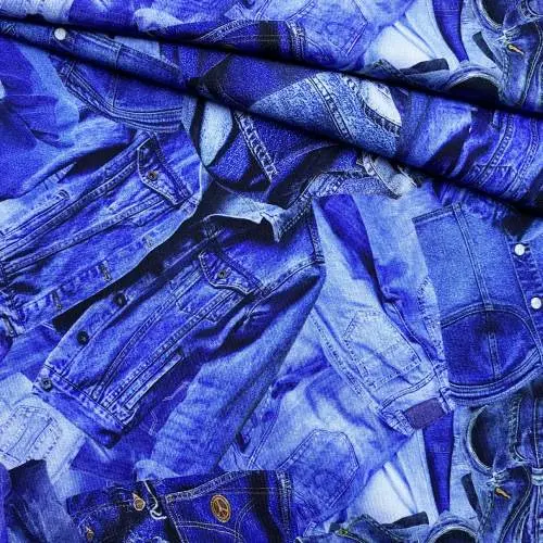Ткань Трикотаж голубого цвета  с джинсовым  принтом 38089