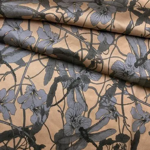 Ткань Вискоза бежевого цвета с принтом серые цветы  17359