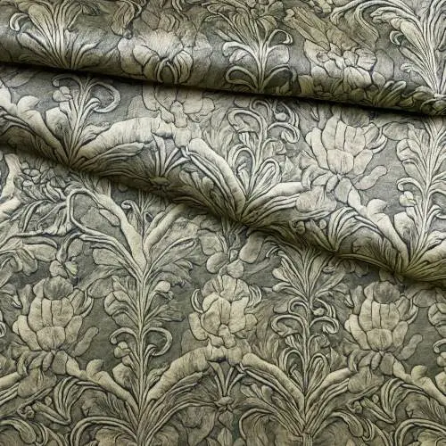 Ткань Вискоза оливкового цвета с принтом  объёмные цветы 17357